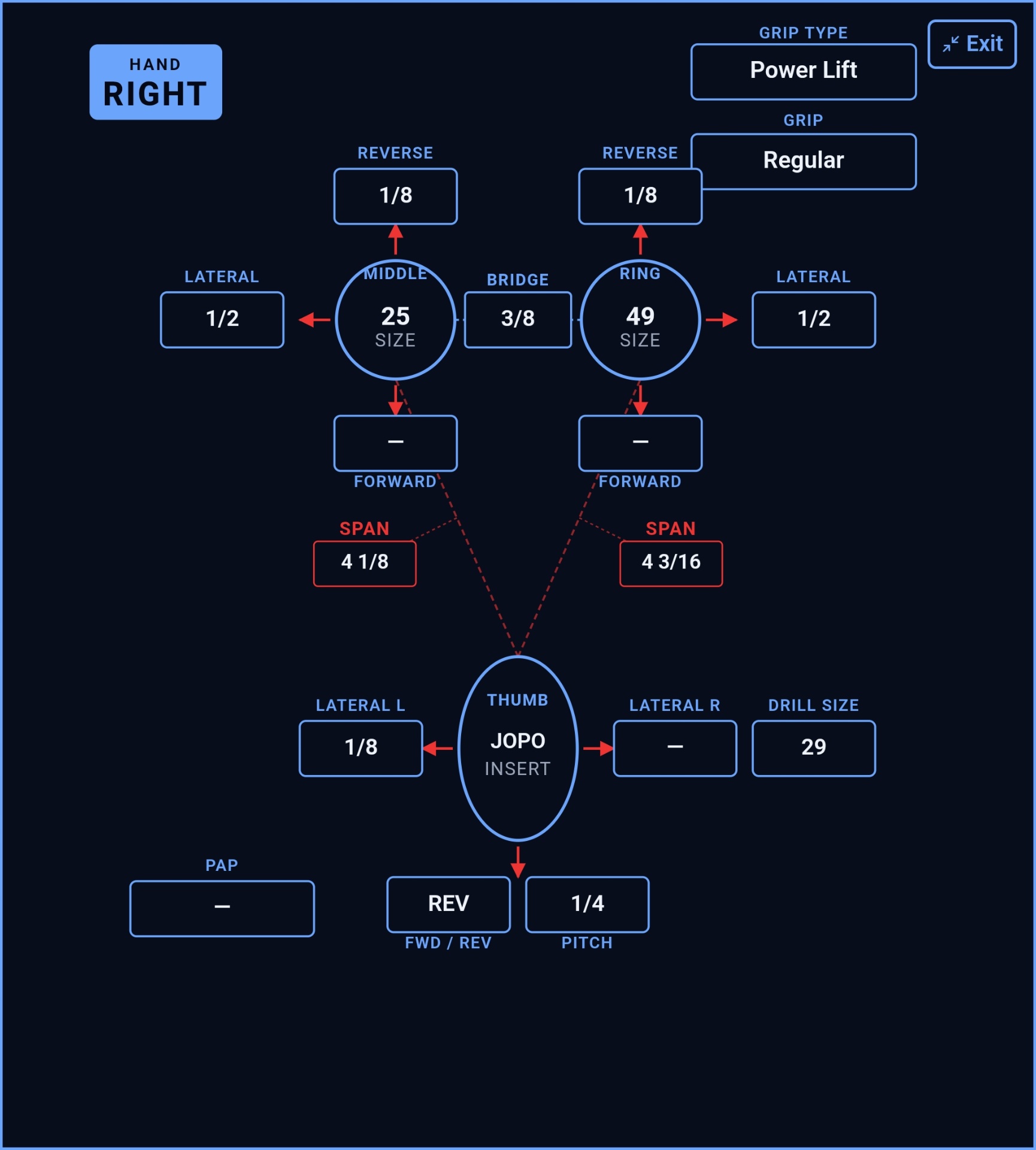 AI Drill Card Manager visual drill card showing a hand diagram with pitch measurements around each finger hole.