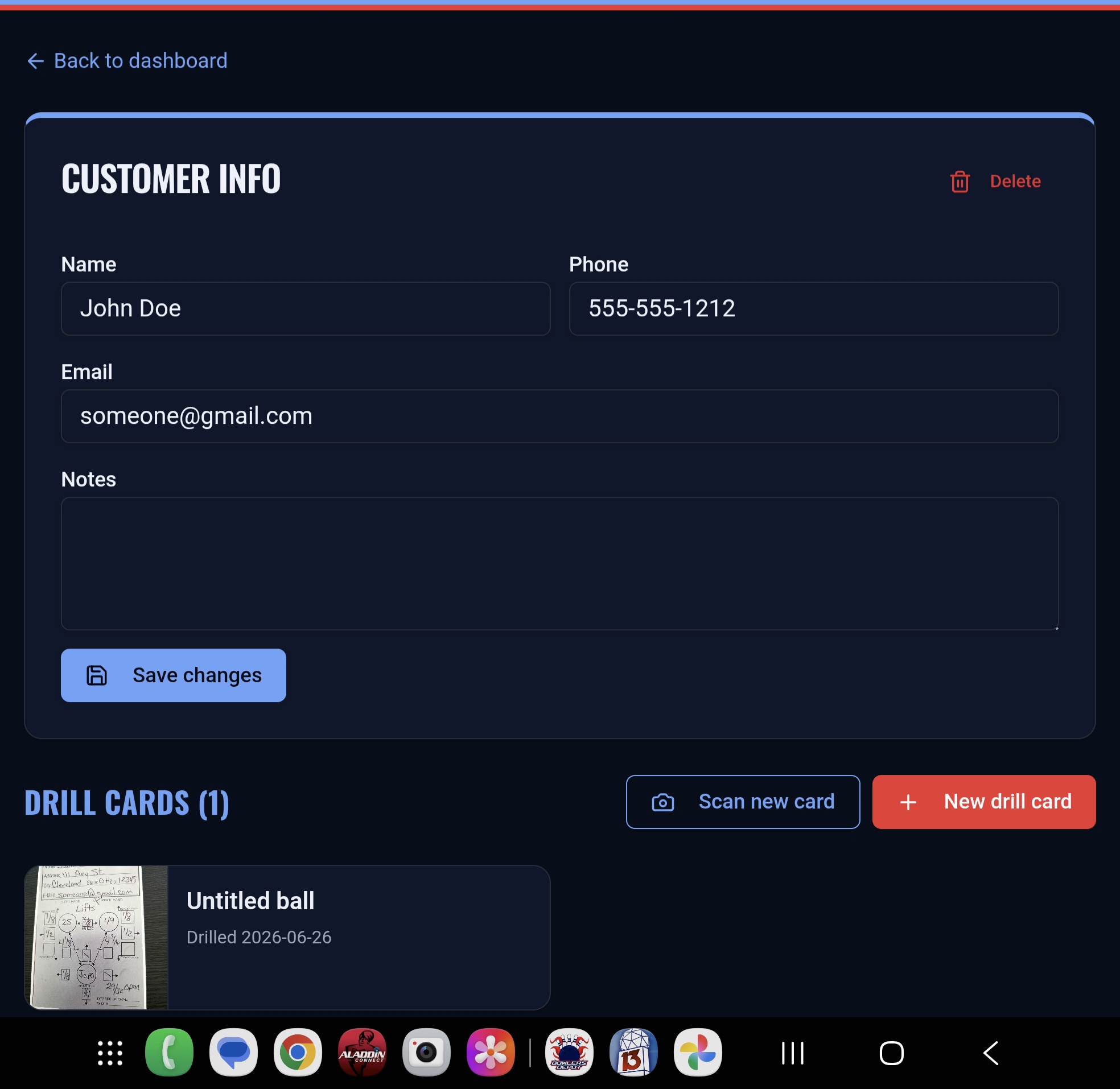 AI Drill Card Manager customer profile listing all of a bowler's drill cards and ball layouts.