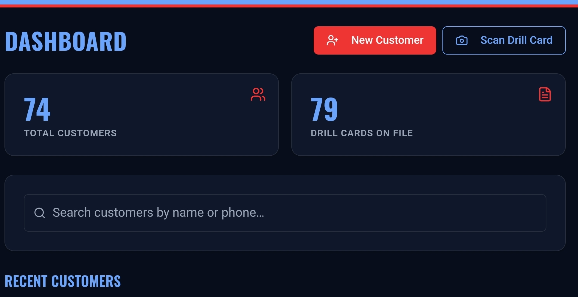 AI Drill Card Manager dashboard showing customer search and drill card counts.